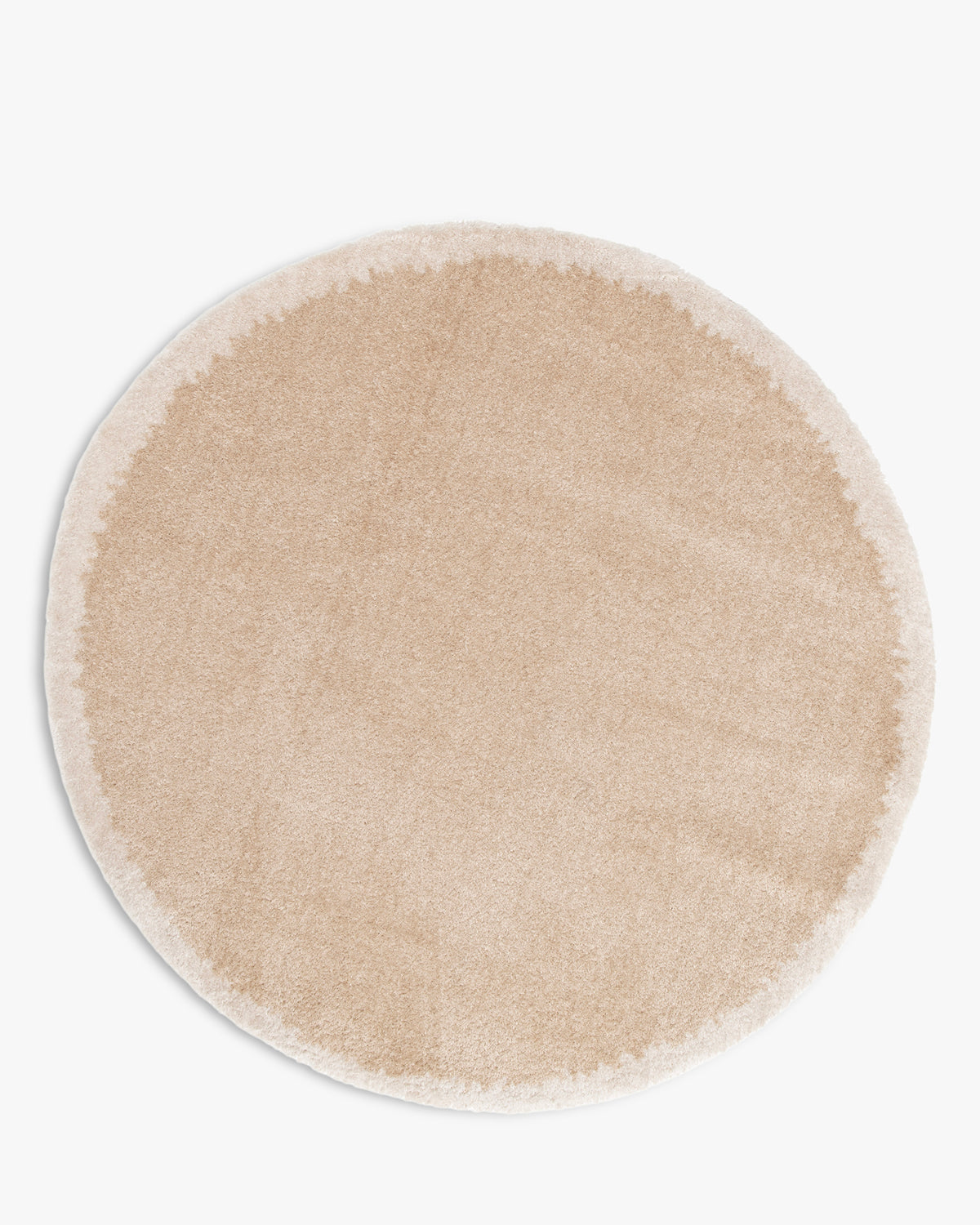 tapis rond NIMBUS beige au contour écru dégradé, packshot vu de dessus sur fond blanc