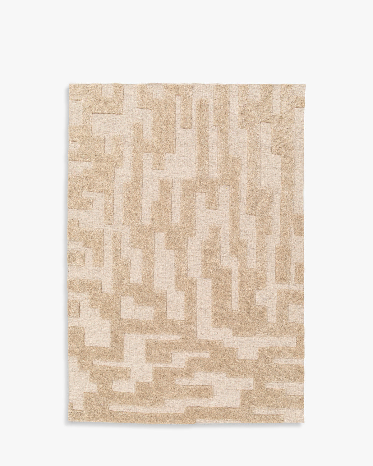 tapis de salon Piazza écru à motif anguleux en gradins sable et relief - vu de dessus